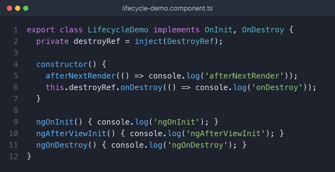 TypeScript standalone component logging each Angular 22 lifecycle hook in order