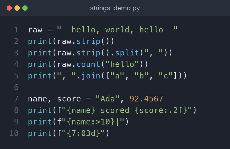 Python code demonstrating string methods and an f-string report line
