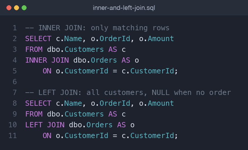 SQL Server INNER JOIN and LEFT JOIN example queries against Customers and Orders