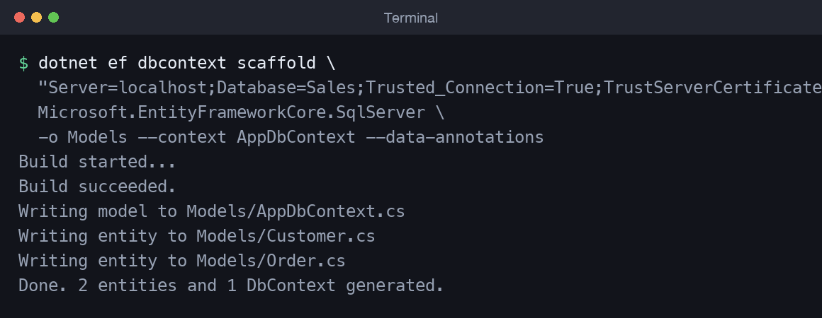 Terminal running dotnet ef dbcontext scaffold and reporting the generated files
