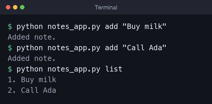 Terminal output from running the notes app, adding a note and listing all notes