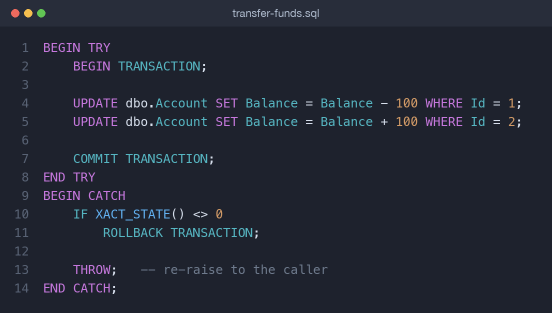 SQL TRY CATCH block with a transaction and THROW
