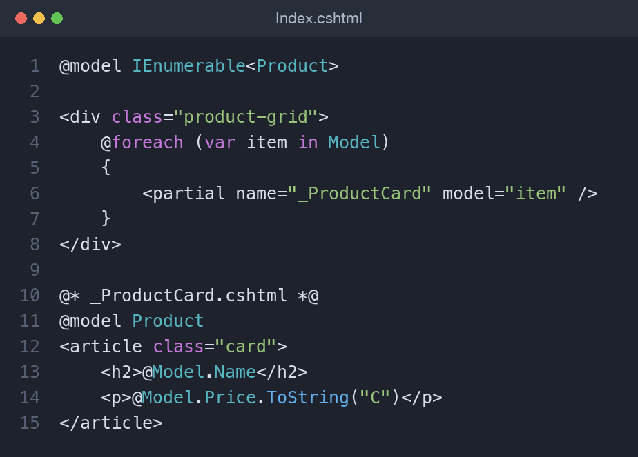 The parent Index view looping with the partial tag helper next to the strongly-typed _ProductCard partial