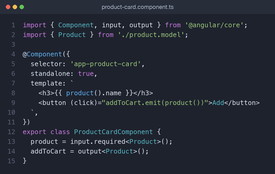 Angular product-card child component using input and output