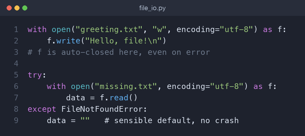 Writing to a file with the with statement, then guarding a read with try and except