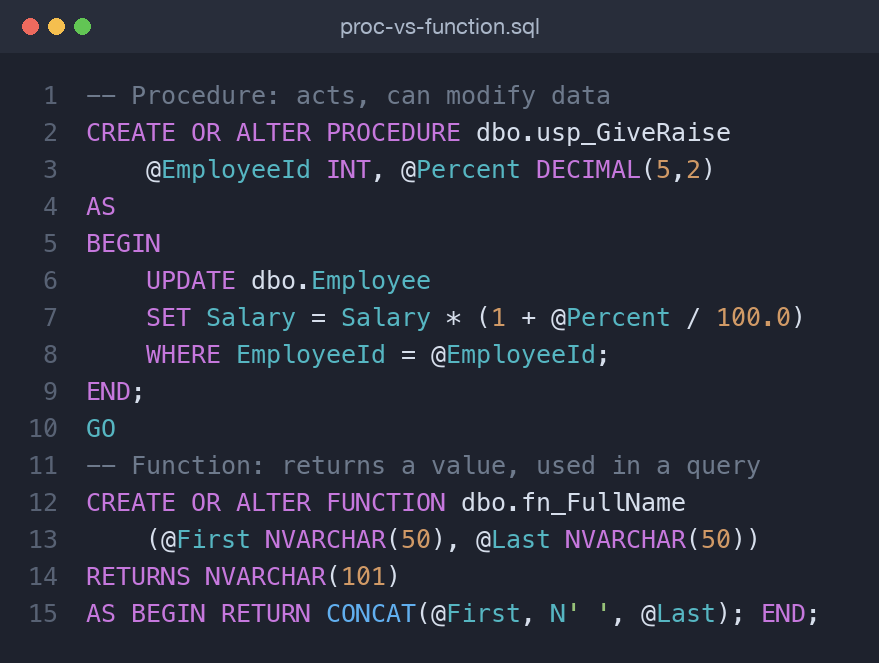 Side-by-side SQL comparing a stored procedure and a scalar function