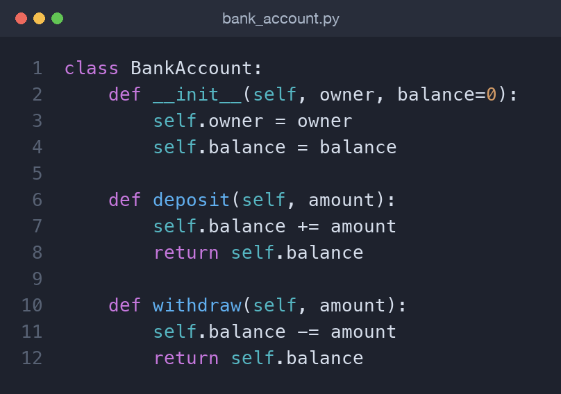 Python class definition for BankAccount with init, deposit, and withdraw methods