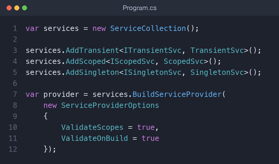 C# registration of Transient, Scoped, and Singleton services in .NET 9
