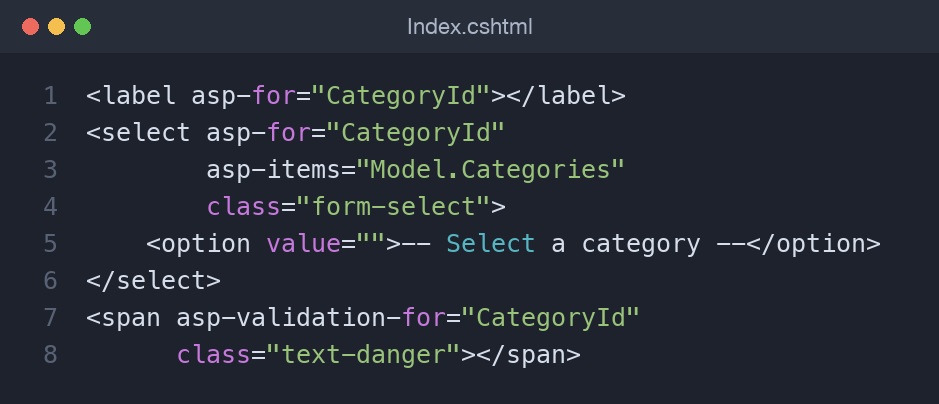 The ASP.NET Core select tag helper using asp-for and asp-items to bind a dropdown