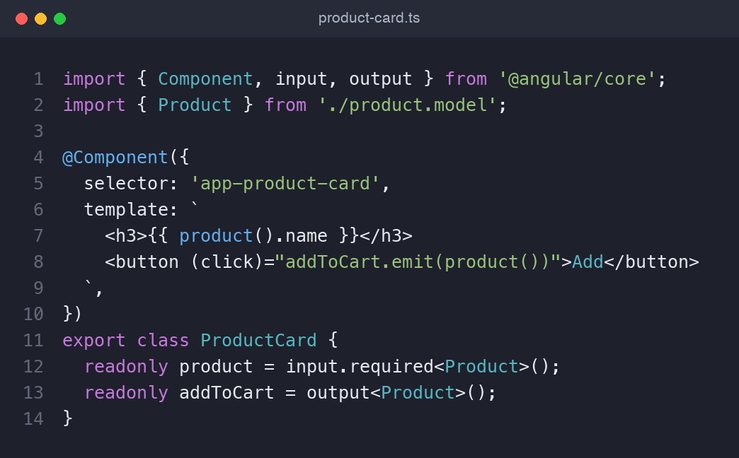 Angular 22 product-card child component using a signal input and a signal output