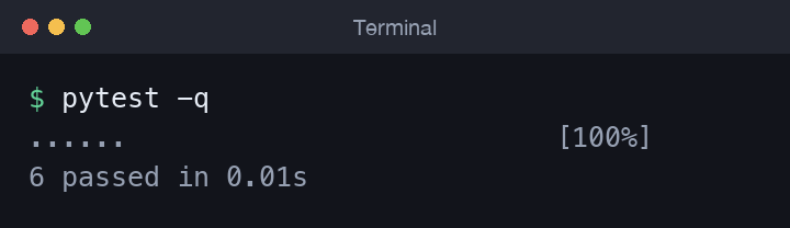 Terminal showing pytest running and six tests passing