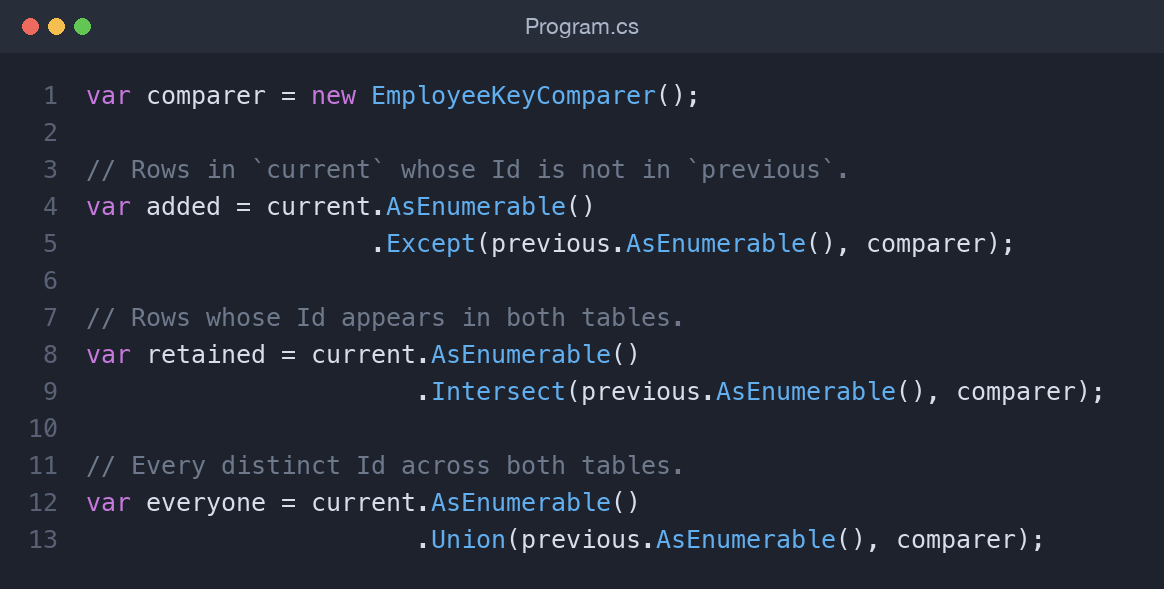 C# console code using Except and Intersect with a custom DataRow comparer