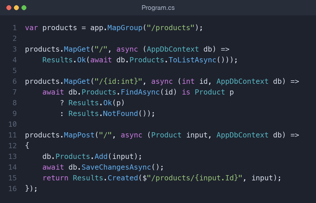 Minimal API CRUD endpoints defined in Program.cs