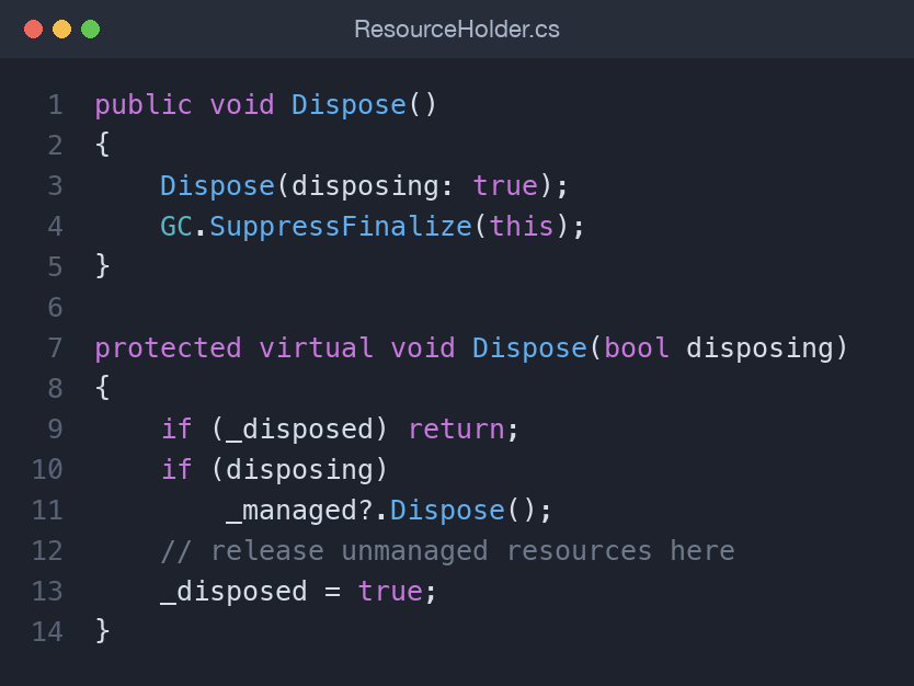 The canonical Dispose(bool) pattern in a C# class