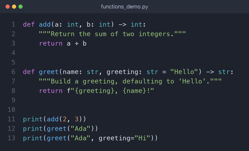 Python code defining greet and add functions with type hints and a docstring