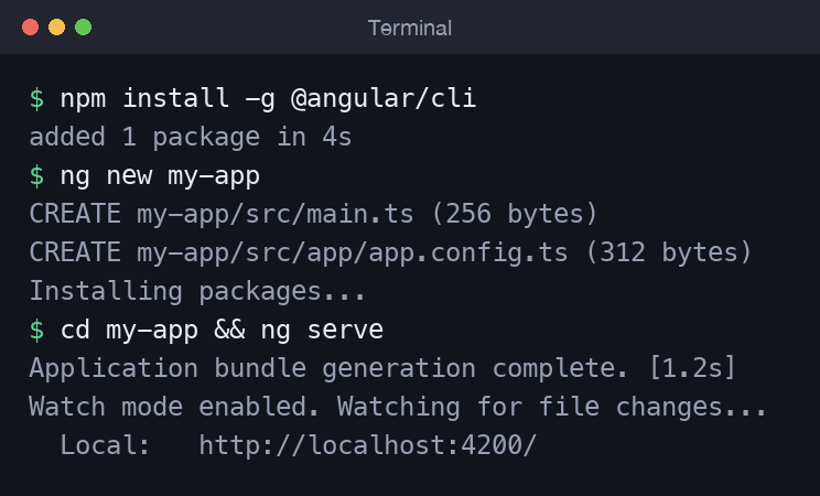 VS Code terminal showing npm install of the Angular CLI followed by ng new and ng serve output