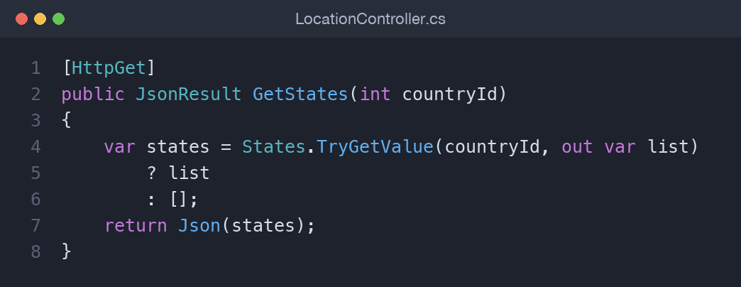 A JsonResult action that returns the states for a selected country id