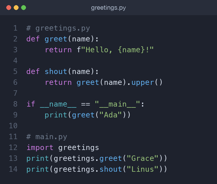 Python code for a greetings module and a main script that imports it
