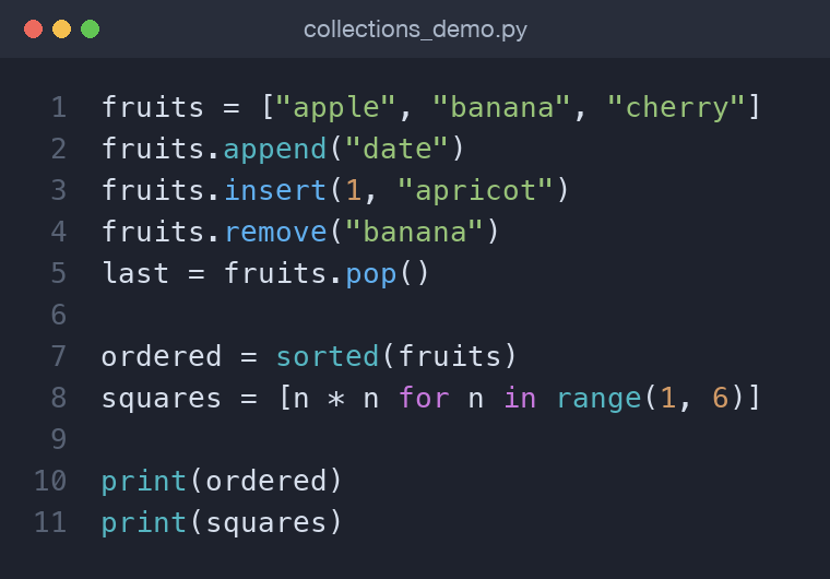 Python code defining a list, appending, sorting, and building a comprehension