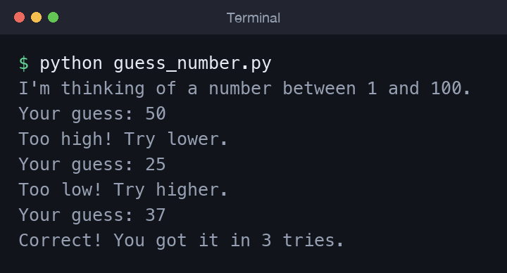 Terminal output of the number guessing game showing prompts and a win