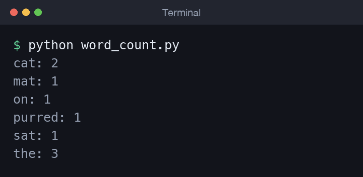 Terminal output showing each word and how many times it appears
