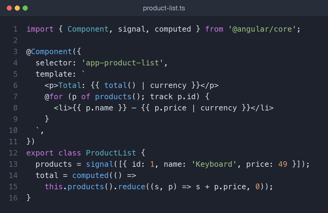 Standalone Angular component using signal, computed, and the new @for control flow
