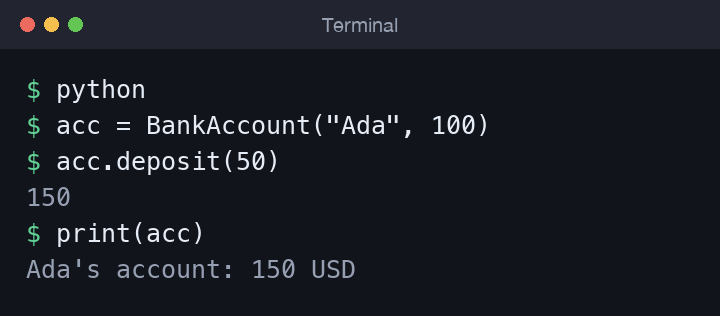Terminal creating a BankAccount, calling methods, and printing the object