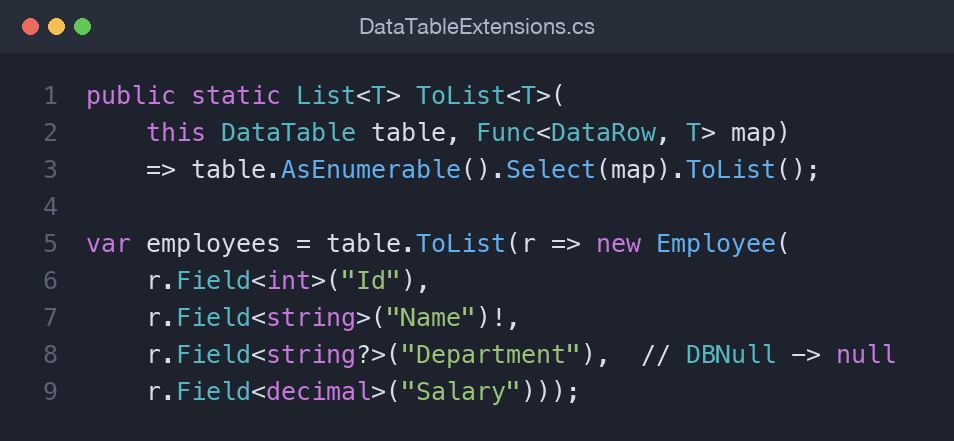C# ToList extension method mapping DataRow fields to a strongly-typed object