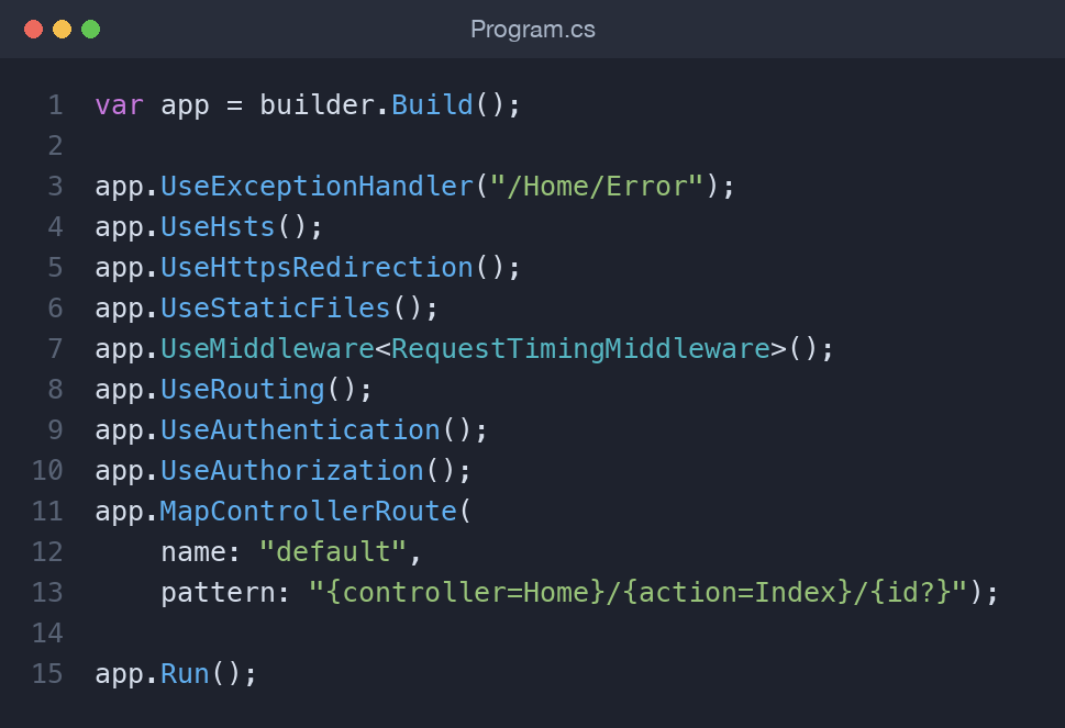 Ordered middleware pipeline in Program.cs on .NET 9