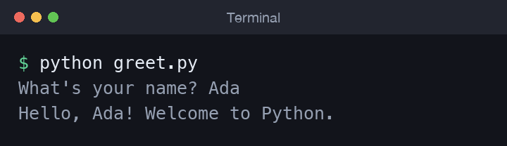 Terminal running greet.py and printing a personalised greeting