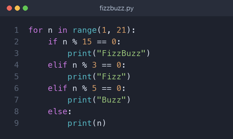 Python code for a FizzBuzz loop combining range, modulo, and if/elif/else