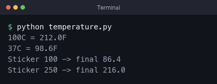 Terminal showing the discount functions being called and printing 86.4