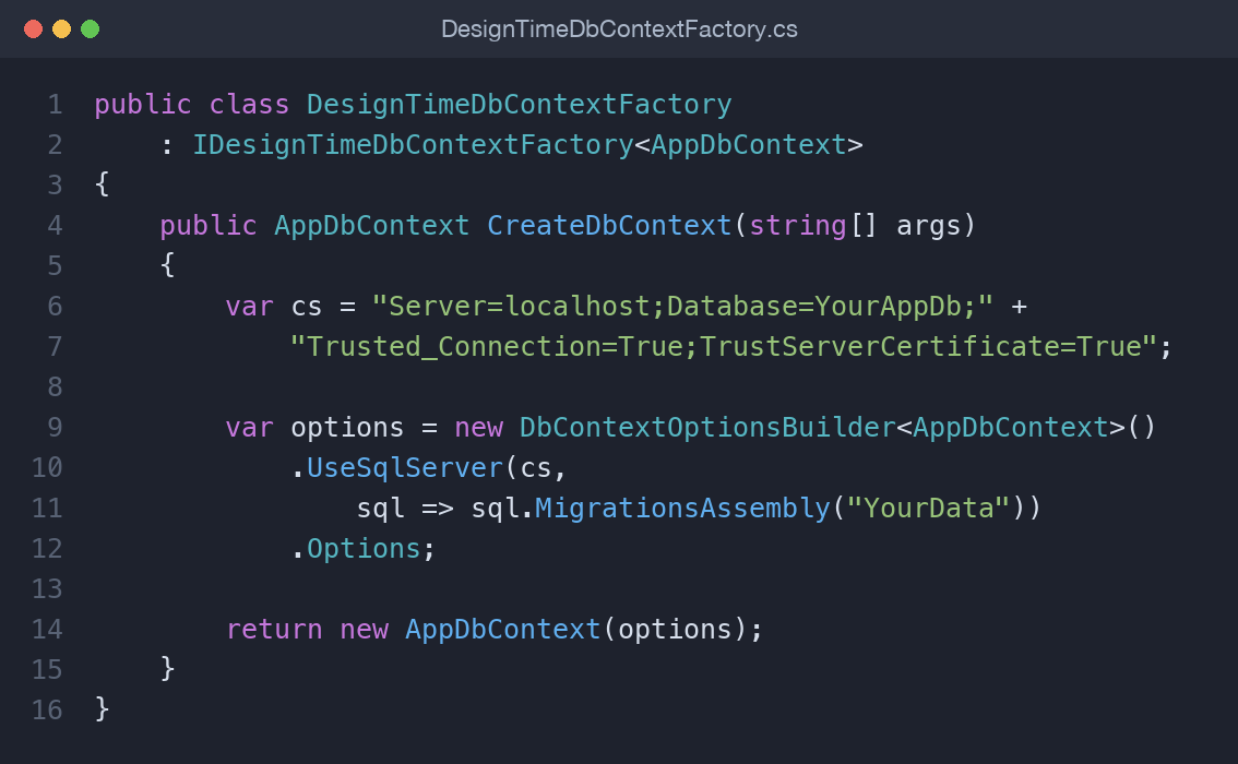 Design-time DbContext factory in the data library