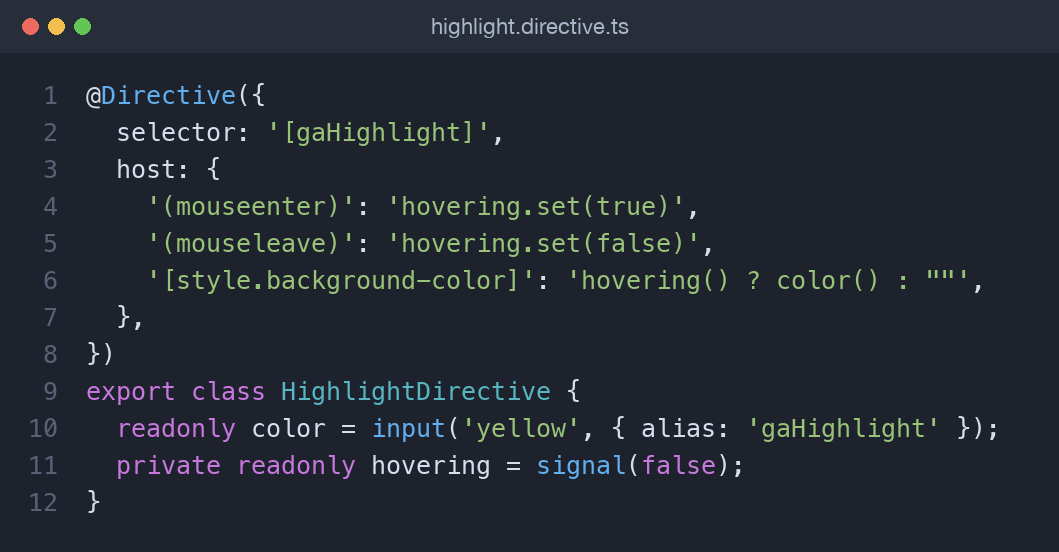 Angular 22 custom highlight directive and a @for list in a component template, TypeScript