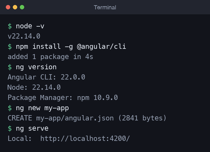 Angular 22 terminal showing node -v, ng version, ng new, and ng serve