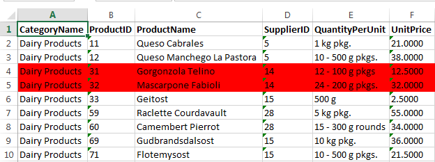 Display Products in Microsoft Excel